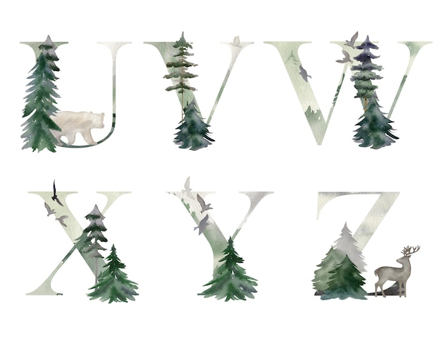 Watercolor forest letters for invitation card poster and other