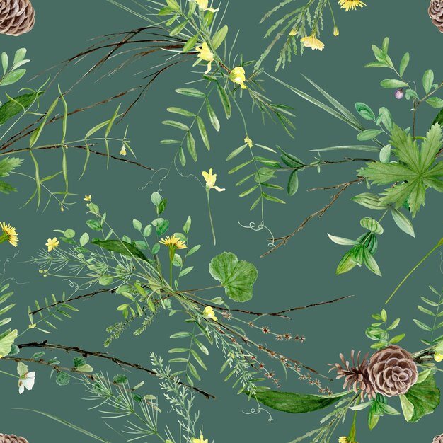 Watercolor forest plants pattern on dark green background