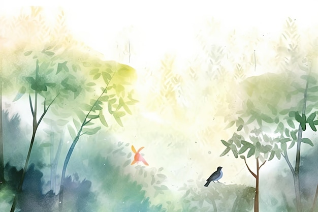 Watercolor forest scene with misty morning sunrise dewy leaves and birds chirping