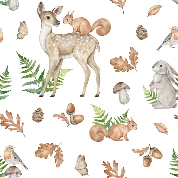 Photo watercolor forest seamless pattern with deer rabbit squirrel butterfly fern pine cone leaves boletus