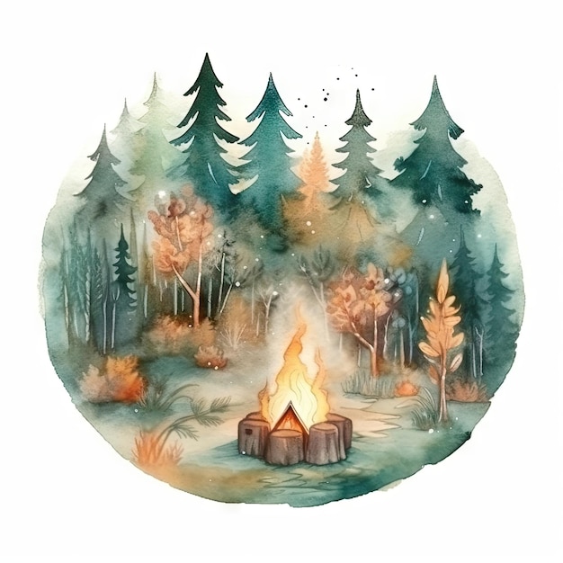 watercolor of a forest with a campfire