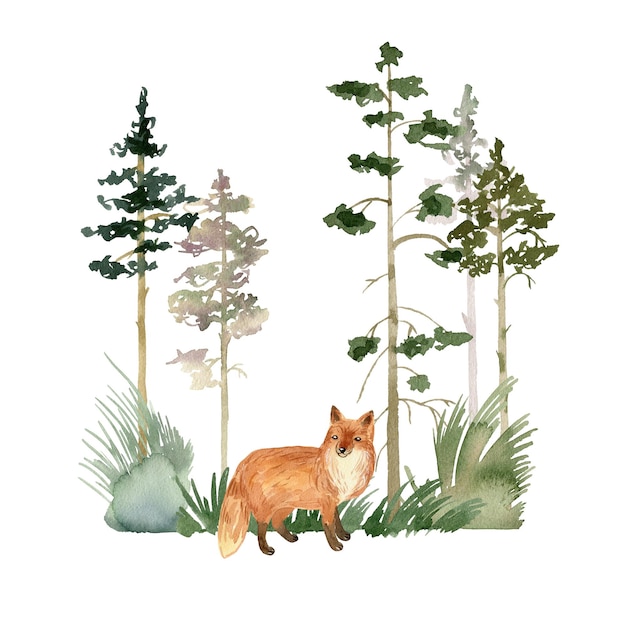 Watercolor forest with fox woodland composition