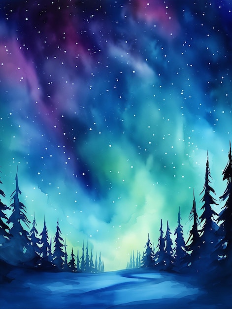 A watercolor of a forest with stars and a road