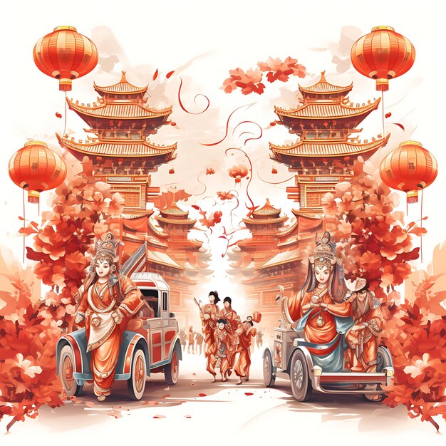 Watercolor of Fortune God Procession With a Golden Statue and Red Banners Flat 2D Art Digital