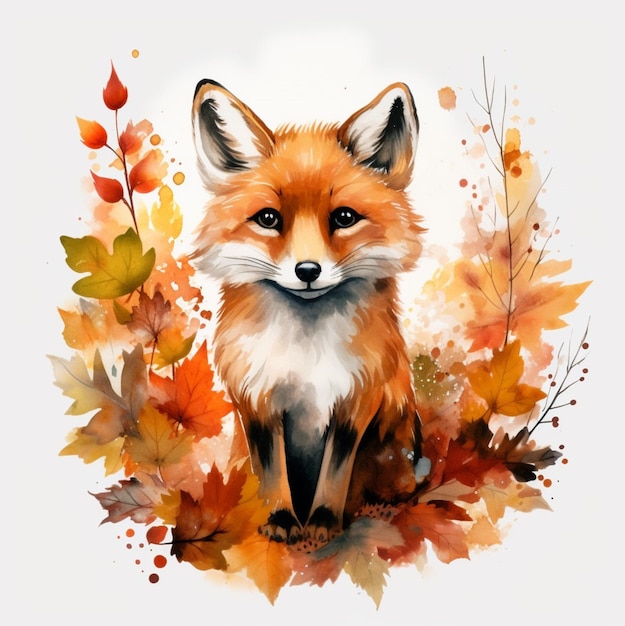 Watercolor fox with autumn leaves