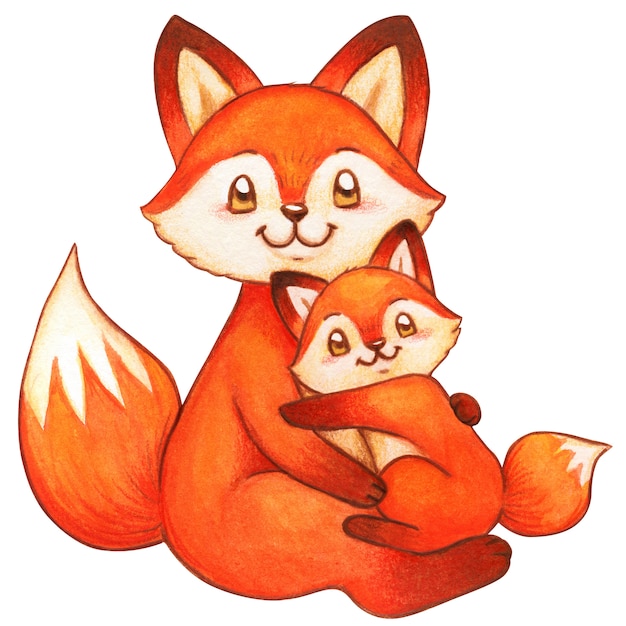 Watercolor foxes mother and son, cute hug