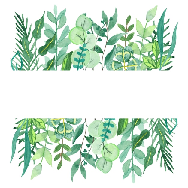手描きの緑の水彩フレーム、結婚式、休日、ロゴの装飾デザインに使用する葉