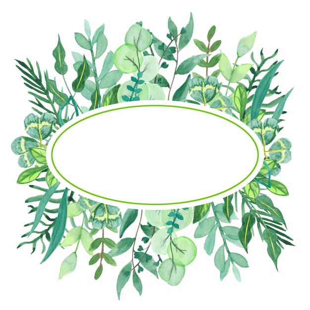 Watercolor frame of hand-drawn greenery, leaves for use in wedding, holiday, logo decorative design