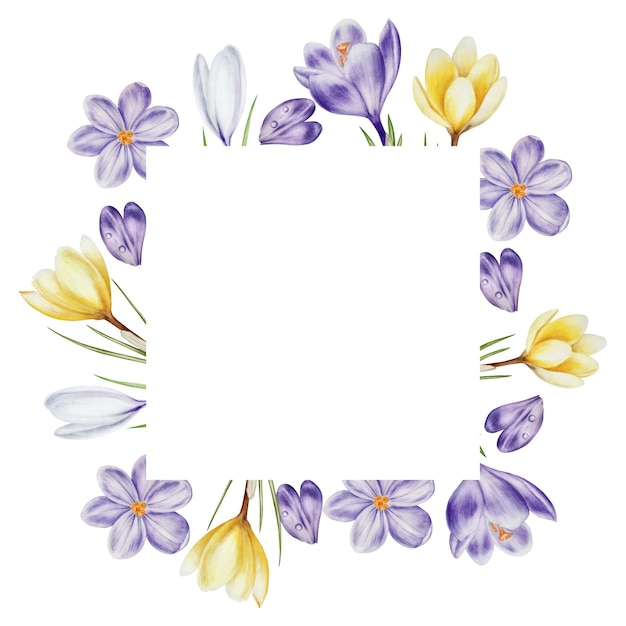 Watercolor frame logo with yellow purple and white blooming crocus flowers isolated on white backgro