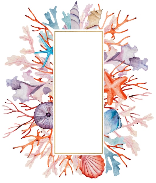 Photo watercolor frame made from seaweeds starfishes and seashells isolated underwater element illustration for greeting cards summer beach wedding invitations crafting printing