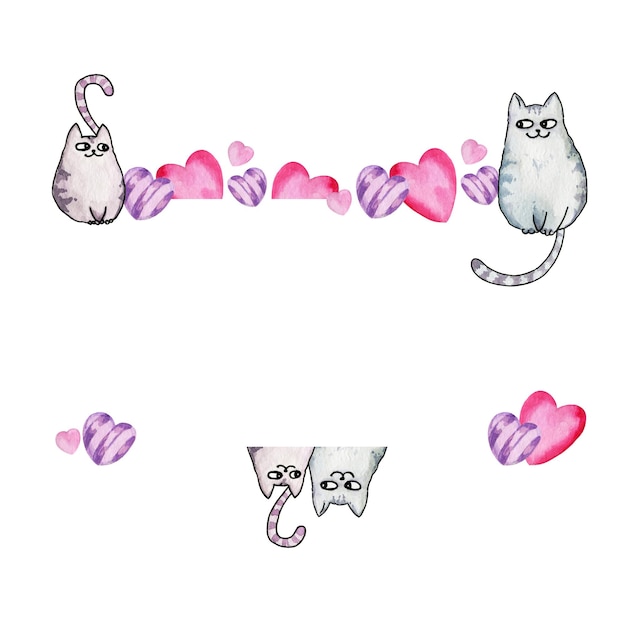 사진 마음 귀여운 고양이 핑크 하트 달콤한 흰색 배경 발렌타인 데이와 사랑 테마의 수채화 프레임