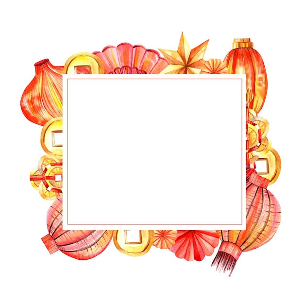watercolor frame of red paper flares coins oriental symbols chinese new year template for text