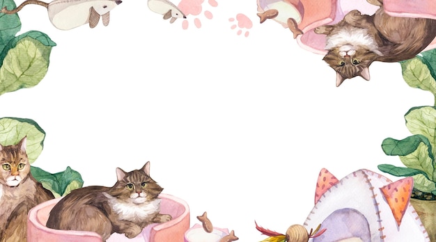 Watercolor frame template with illustrations of cats