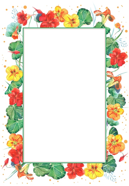 Watercolor frame template with nasturtium flowers