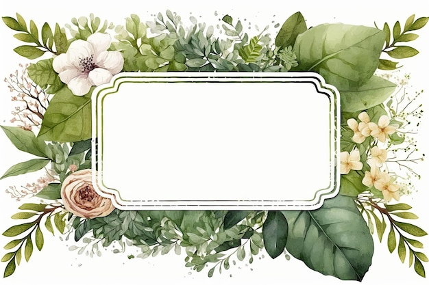 Акварельная рамка для приглашения на свадьбу с цветами и листьями.