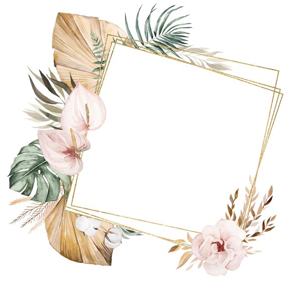 Watercolor frame with beige and green tropical leaves and flowers Boho Wedding illustration