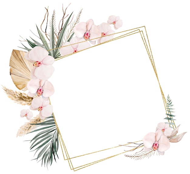 Watercolor frame with beige and green tropical leaves and flowers Boho Wedding illustration