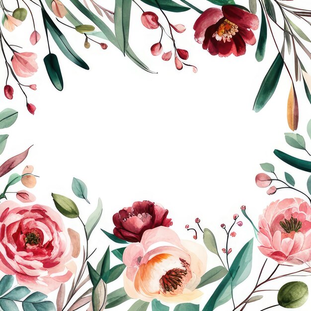 watercolor frame with blooming flowers on background template for your design