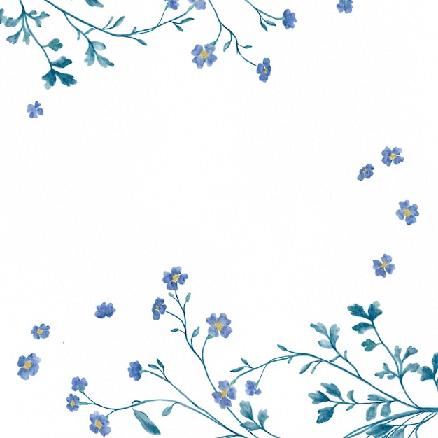 Watercolor frame with blue wildflower and branch on white background