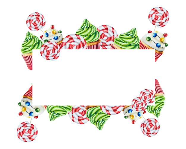 크리스마스 달 ⁇ 한 마핀과 크림과 사탕과 함께 수채화 프레임 새해 손 그림 빨간색과