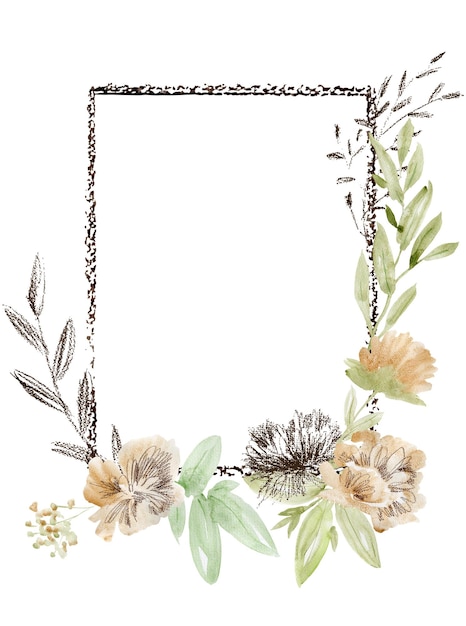 Watercolor frame with a flower and leaves