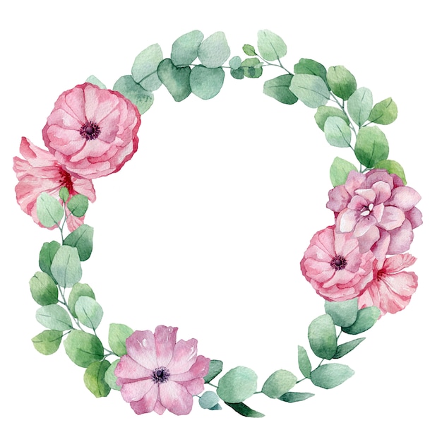 watercolor frame with flowers and eucalyptus.