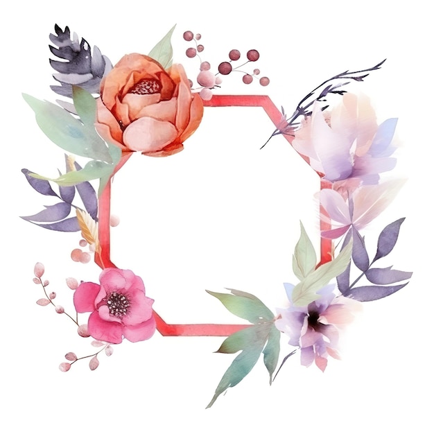 watercolor frame with flowers and leaves in a red frame.