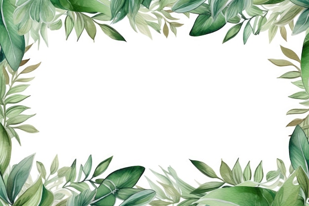 녹색 잎을 가진 수채화 프레임, 색 배경에 고립된 손으로 그린 일러스트레이션, 열대 녹색의 잎과 가지를 가진 수채색 프레임