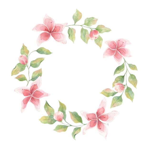 watercolor frame with green leaves and lily flowers on a white background, single element