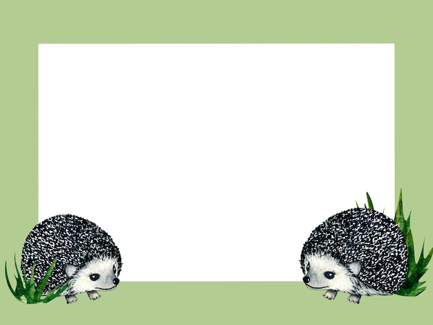 흰색 배경에 고슴도치와 토끼 토끼가 있는 수채화 프레임 어린이 디자인을 위한 자연 그림