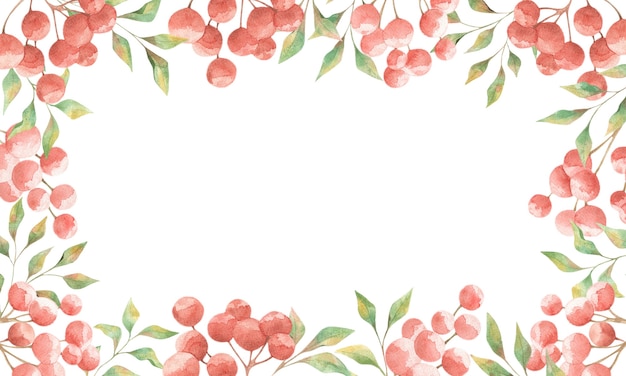 Watercolor frame with red berries and green leaves on a white background, Summer design for cards, invitations, posters