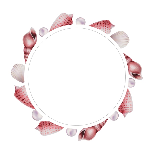 Watercolor frame with shells and pearls Hand painting clipart underwater life objects on a white iso