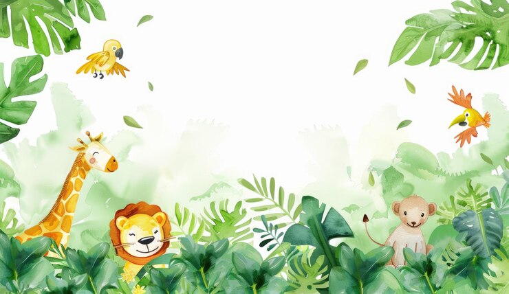 Photo watercolor frame with tropical leaves and animals giraffe birds butterflies tropical flowers backgro