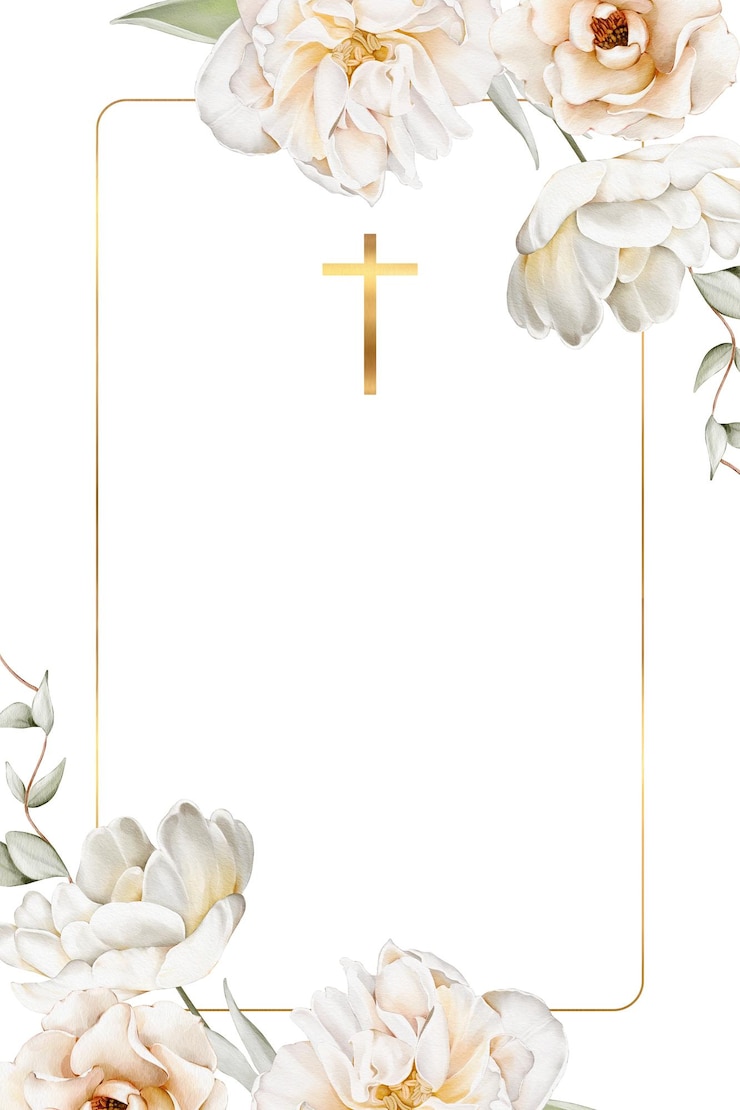 Photo watercolor frame with white flowers and golden cross for easter design epiphany christening baptsim