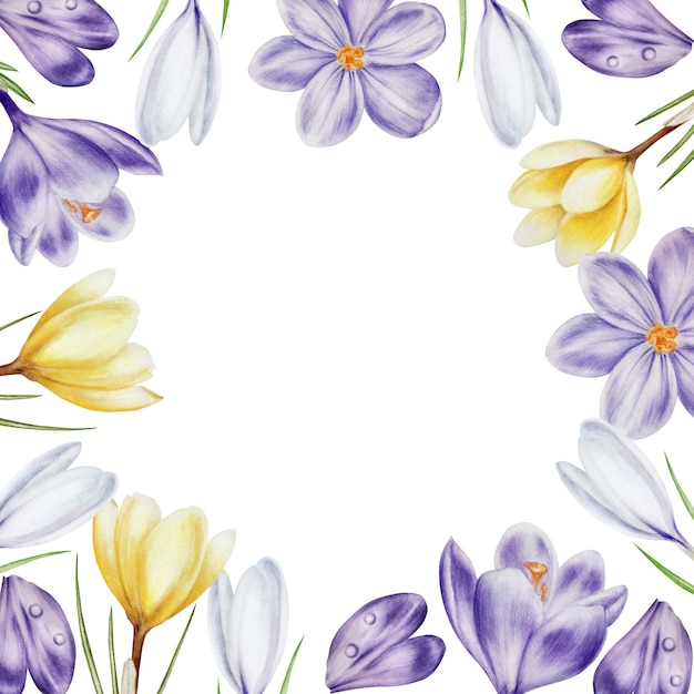 Watercolor frame with yellow purple and white blooming crocus flowers isolated on white background