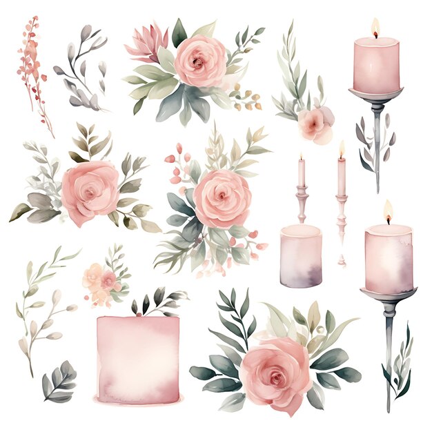Watercolor of frames art trinkets candles muted rose and blush tones smoot on white background 2d