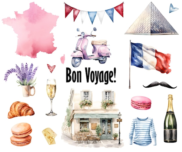 Photo watercolor france symbols icon set with paris symbols bon voyage card travel to france