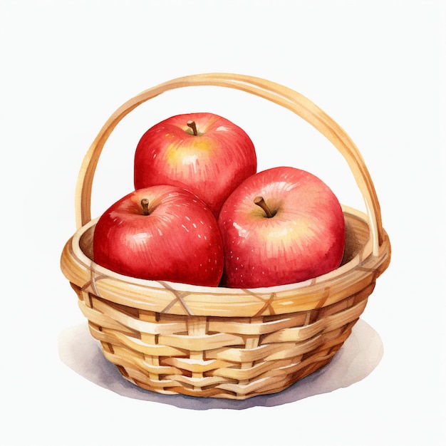 акварель свежих красных яблок в бамбуковой корзине генеративный ИИ