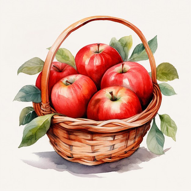 watercolor on fresh red apples in a bamboo basket generative AI