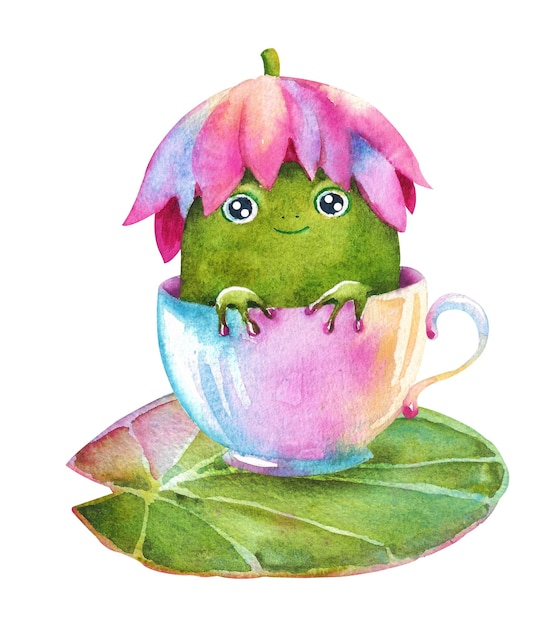 Watercolor frog A cartoon frog in a white teacup on a water lily with a pink lily on its head