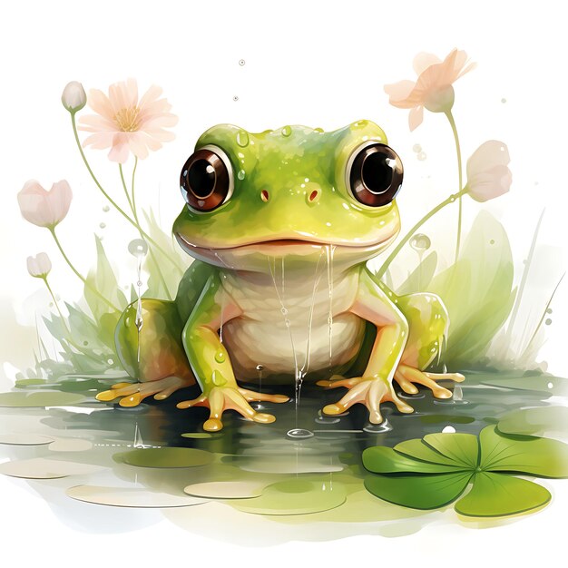 Watercolor frog a cute wild animal surrounded by water lilie on white background digital art