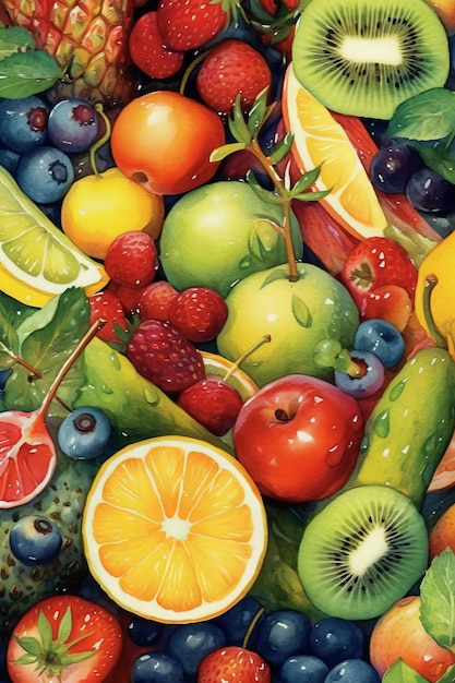 Watercolor fruit illustrations poster AI generated illustration