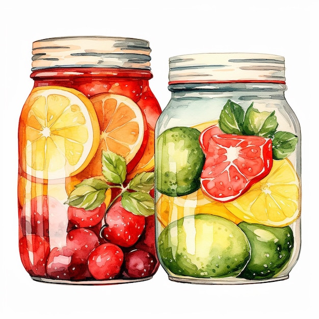 Photo watercolor fruit in jars on white background for clipart