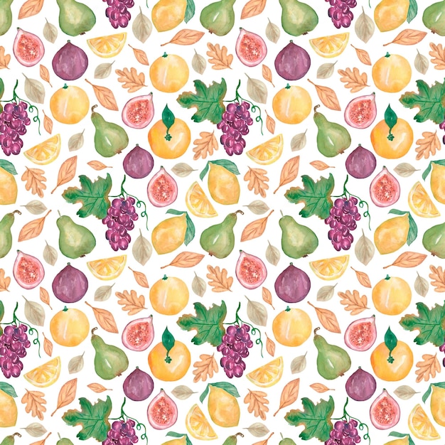 Watercolor fruit seamless pattern hand drawn grapes and garden fruits repeat paper pear plum and lemon print eco food scrapbook paper