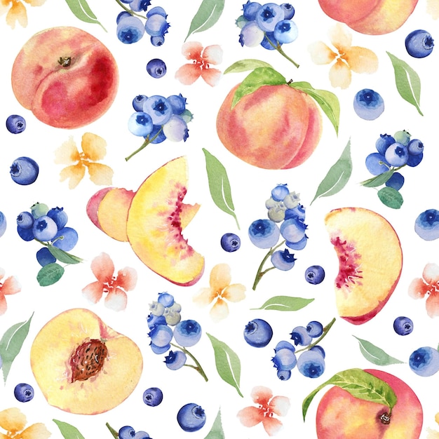 Watercolor fruit seamless pattern with flowers and peaches