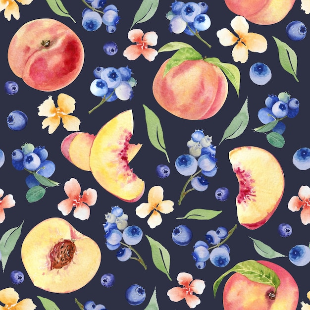 Watercolor fruit seamless pattern with flowers and peaches