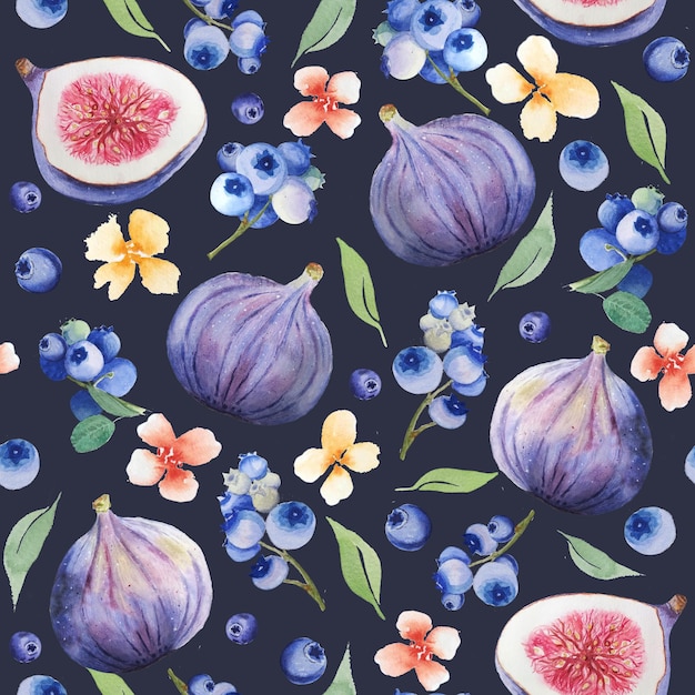 Watercolor fruit seamless pattern with flowers