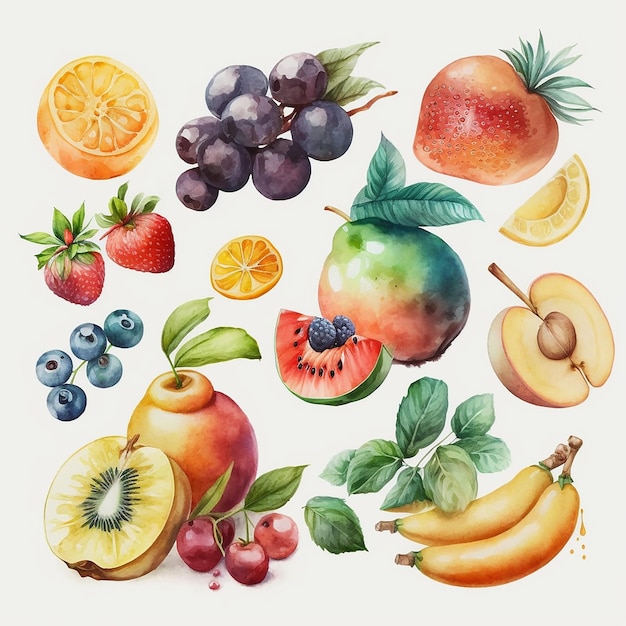 写真 白い背景に水彩の果物