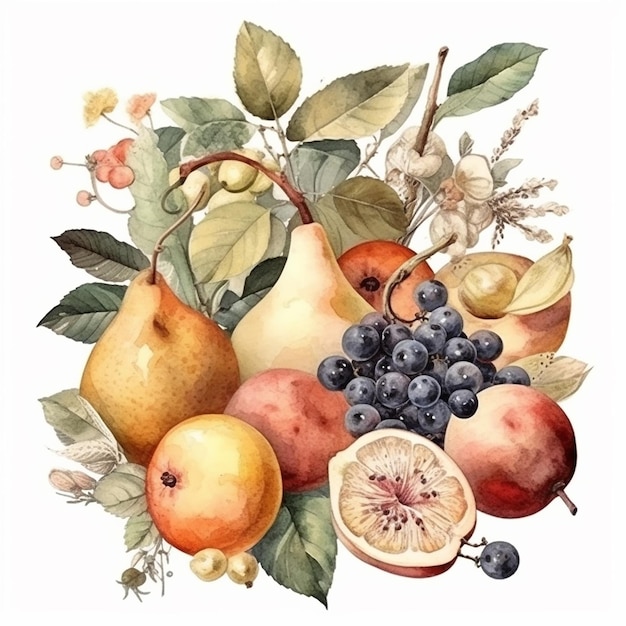 Watercolor fruits on a white background