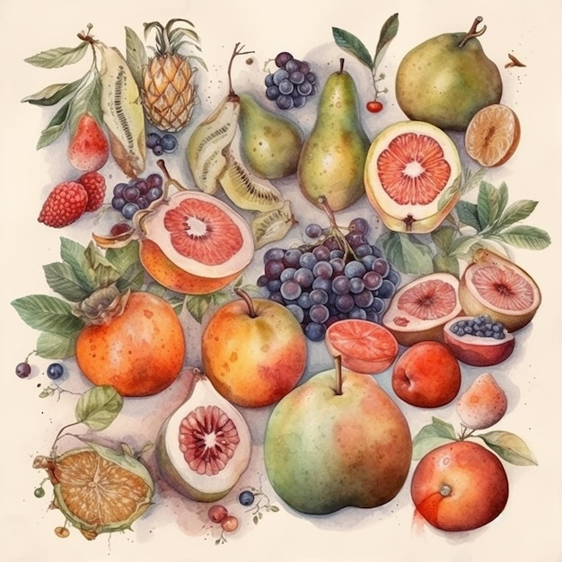 白い背景に水彩の果物